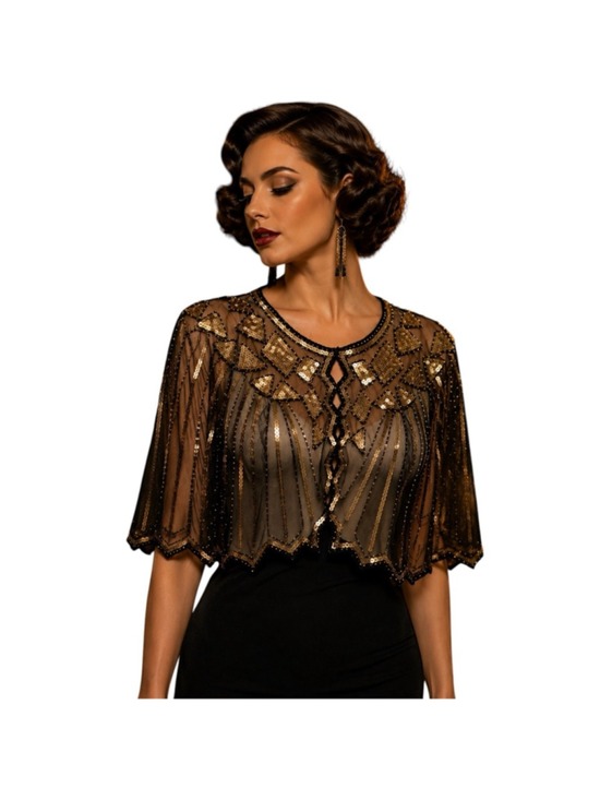 Unbranded Sweaters - Art Deco Sequin Capelet Black Gold Beaded Overlay O/S